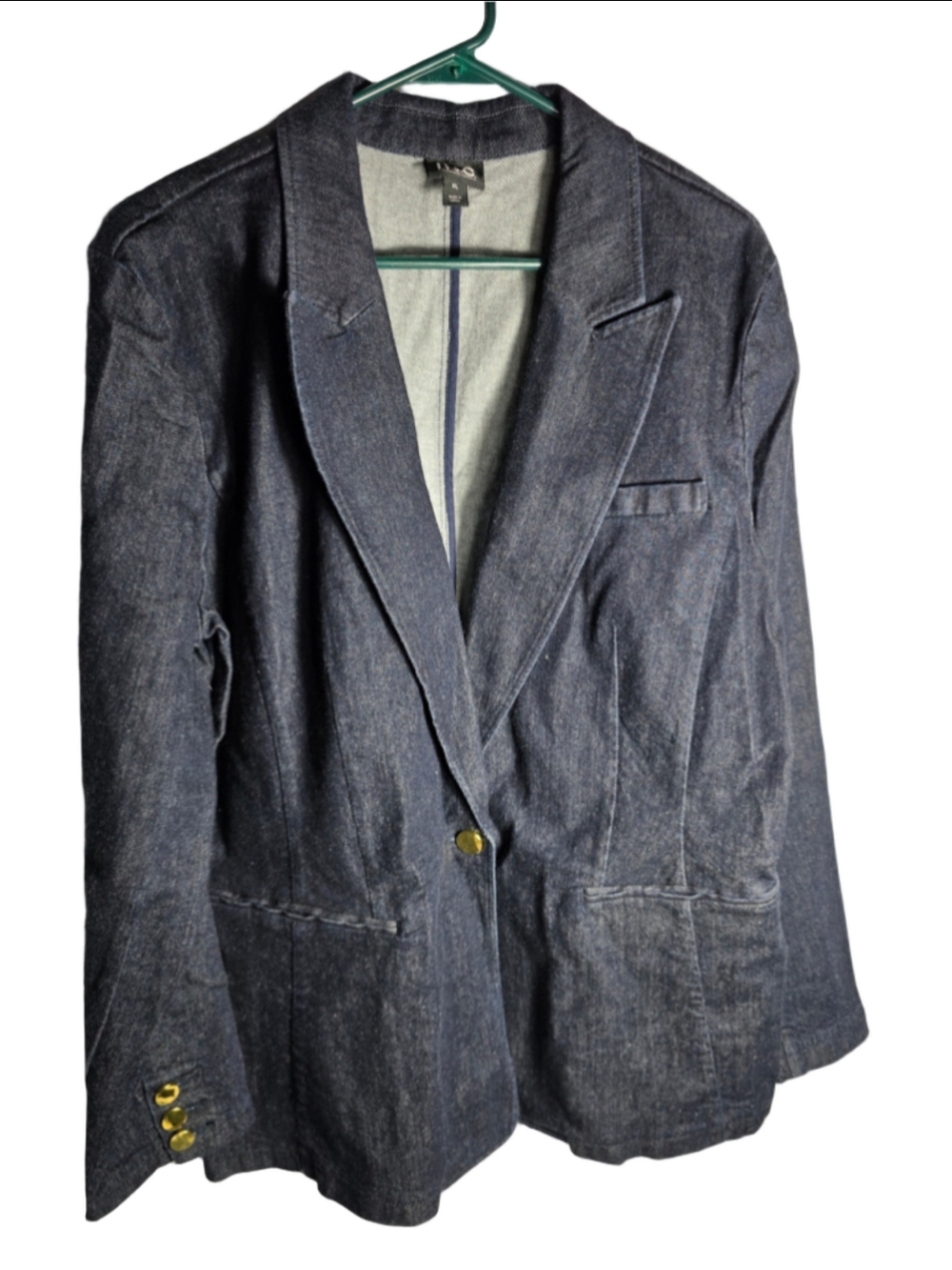 Women's I.N.C. Denim Blazer Jacket XL Blue Gold Buttons officewear trendy fall